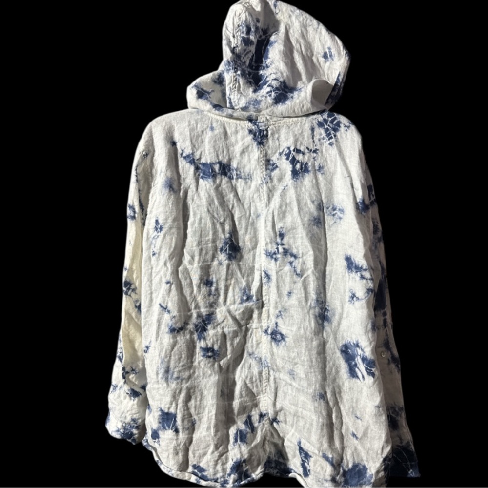 Rachel Zoe Linen Tie-Dye Hooded Button Up Women's Top - Blue and White - Size L - Picture 6 of 11